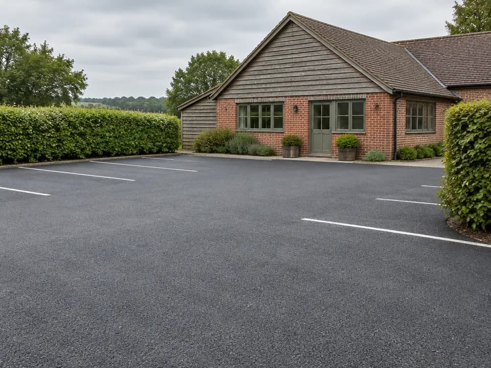 AI-generated illustration of an asphalt forecourt with marked parking bays