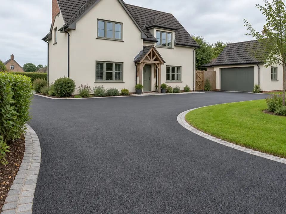 A charcoal driveway with curved stone edging