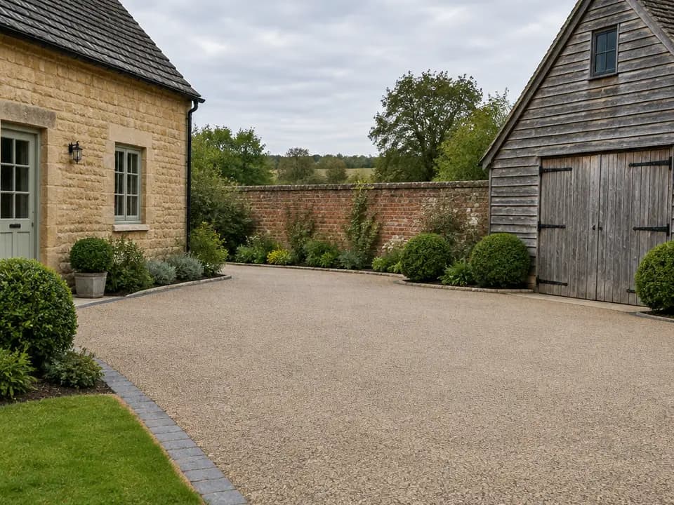 A golden stone courtyard beside a timber building