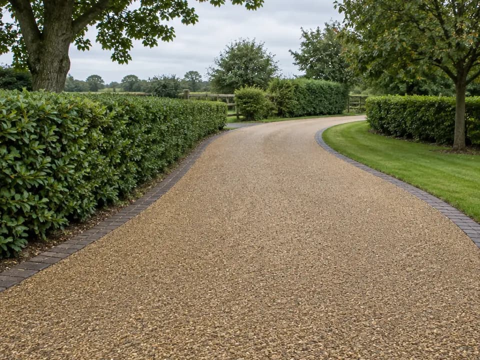A golden tar-and-chip driveway between hedges