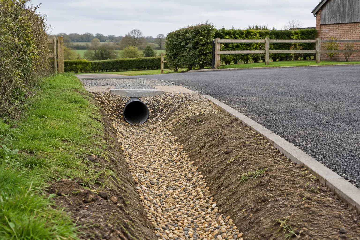A shallow drainage channel and pipe beside a rural access edge