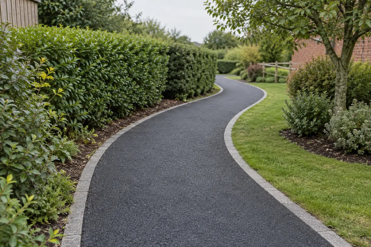 A curved charcoal footpath through green landscaping