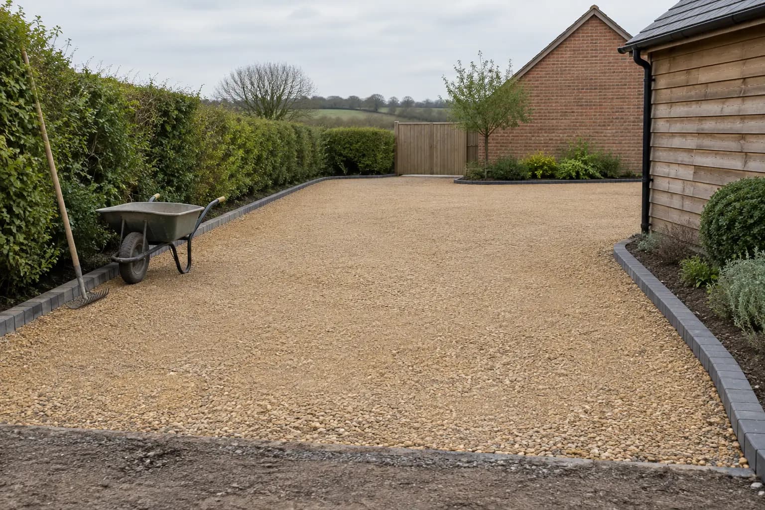 A prepared aggregate driveway base with neat edging